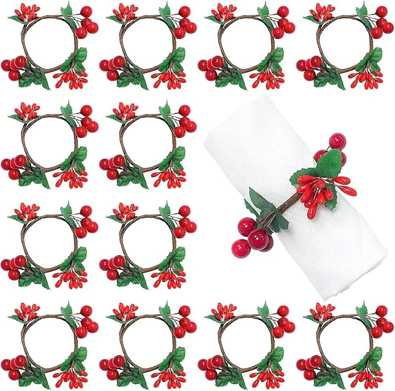 KAHEIGN 12 Piezas Servilleteros Navideños, Baya Roja Servilleteros Hebilla de Servilleta Rústica por Navidad Almuerzo Acción de Gracias Año Nuevo San Valentin Boda Fiesta Mesa Decoración — Adviento y mesa