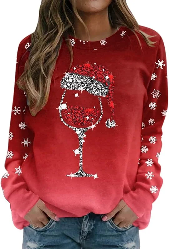 Generisch Jersey de Navidad para mujer, divertido color rojo, copa de vino, manga larga, cuello redondo, camiseta de manga larga, sudadera de Navidad, otoño e invierno, suéter de Navidad, suéter de Navidad — Ropa Navidad