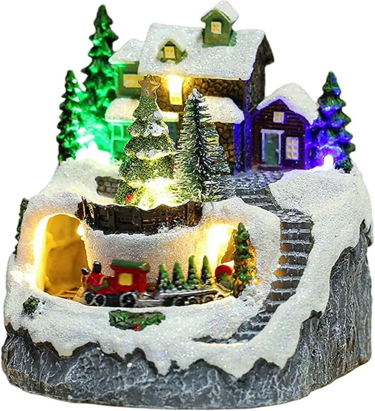 Cieirye Casas de Pueblo navideñas Musicales con iluminación LED y Tablero de árboles de Tren en Blanco — Decoracion Navidad