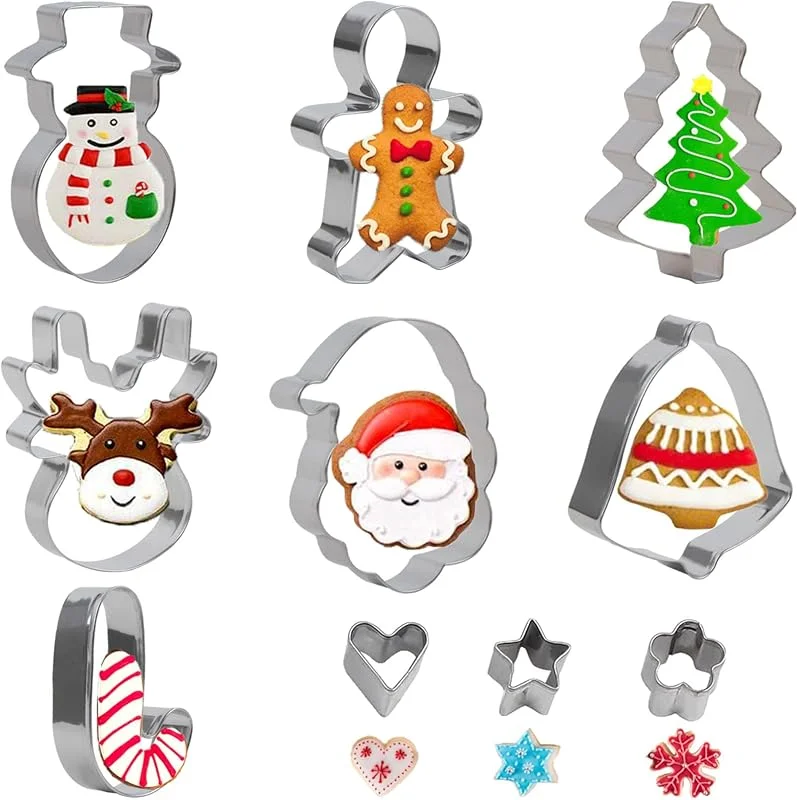 SULOLI Juego de 10 Moldes Cortadores de Galletas de Navidad, Sellos Navideños, de Acero Inoxidable, para Hornear Árbol de Navidad, Copo de Nieve, Papá Noel, Personas de Jengibre, Campanas, Medias — Hogar y cocina