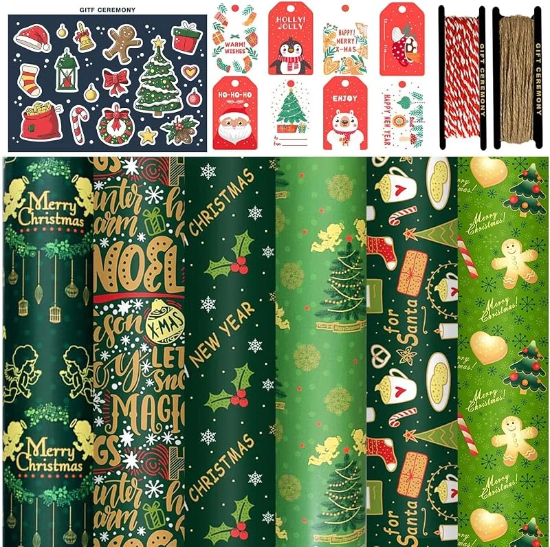 FullJoyHut Papel de Regalo Kraft Navidad con 6 Hojas Reciclable Papel de Regalo Navideño 70x50cm, 8 Etiquetas Regalo, 12 pegatinas, 2 Rollo Hilo Yute Cuerda Algodon para Decoración Navideña — Envoltorio regalo