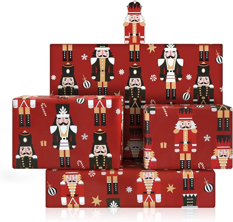 Geluode Papel de regalo de Navidad cascanueces, 4 hojas de 50 x 70 cm, papel de regalo rojo con diseño de soldado para regalos de Navidad — Envoltorio regalo