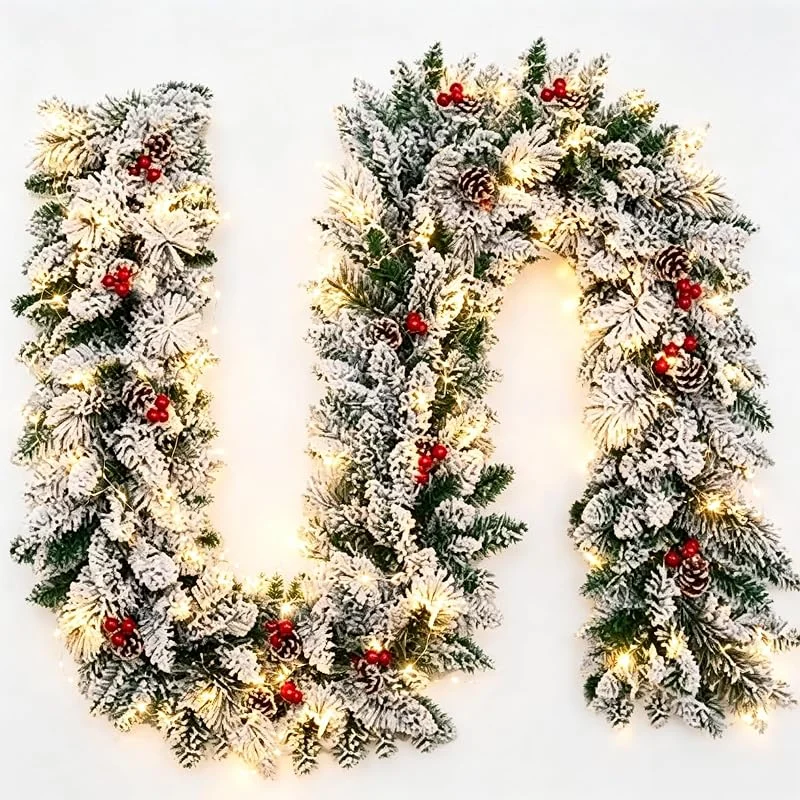 Mtbricey Guirnalda de Navidad esmerilada de nieve de 1, 8 m con luces LED, piñas — Decoracion Navidad