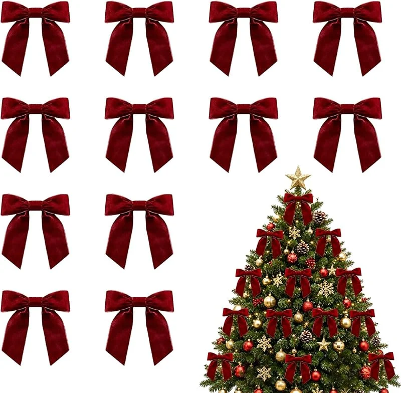 FIGCY 12 Lazos de Terciopelo Rojo Vino para Navidad, para Árboles y Guirnaldas — Envoltorio regalo