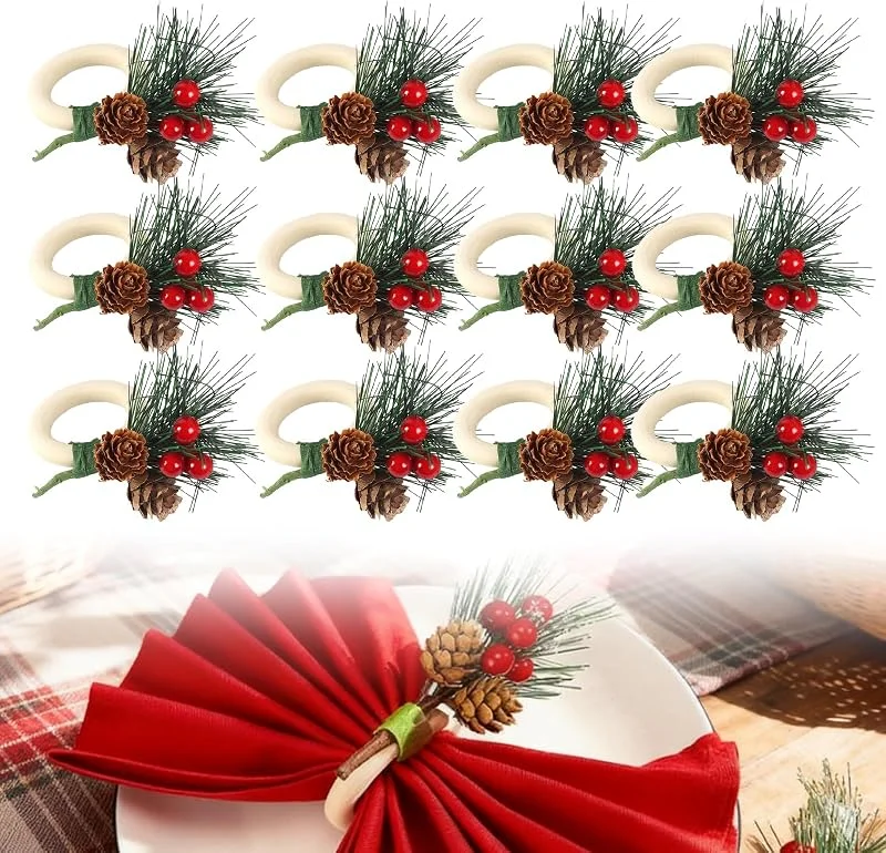 GOEDCH 12 piezas de agujas de piña de abeto, servilletero: anillos de servilleta de Navidad, juego de piñas y bayas, anillos de servilleta de Navidad para Acción de Gracias, Pascua, Navidad, boda — Adviento y mesa