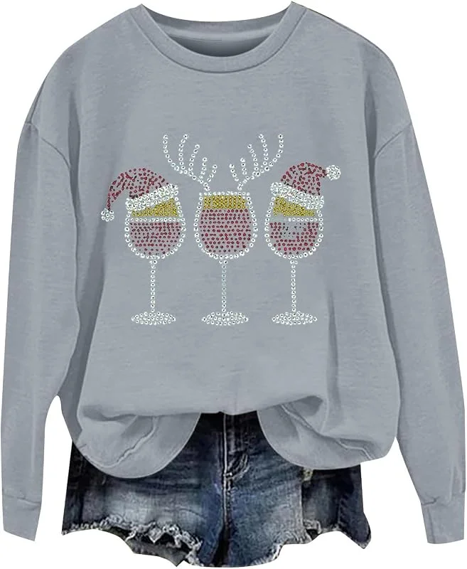 tacniseyw Suéter de Navidad para mujer, con estampado de copa de vino, sudadera de manga larga con cuello redondo, camiseta fea de talla grande, divertida camisa con estampado gráfico festivo, camisas — Ropa Navidad