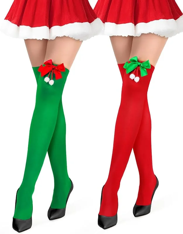 Visita la tienda de Kiiwah Kiiwah 2 Pares Calcetines Altos Mujer de Navidad, Medias Navideñas Elfo Calcetines Por Encima de la Rodilla para Fiesta Cosplay — Ropa Navidad