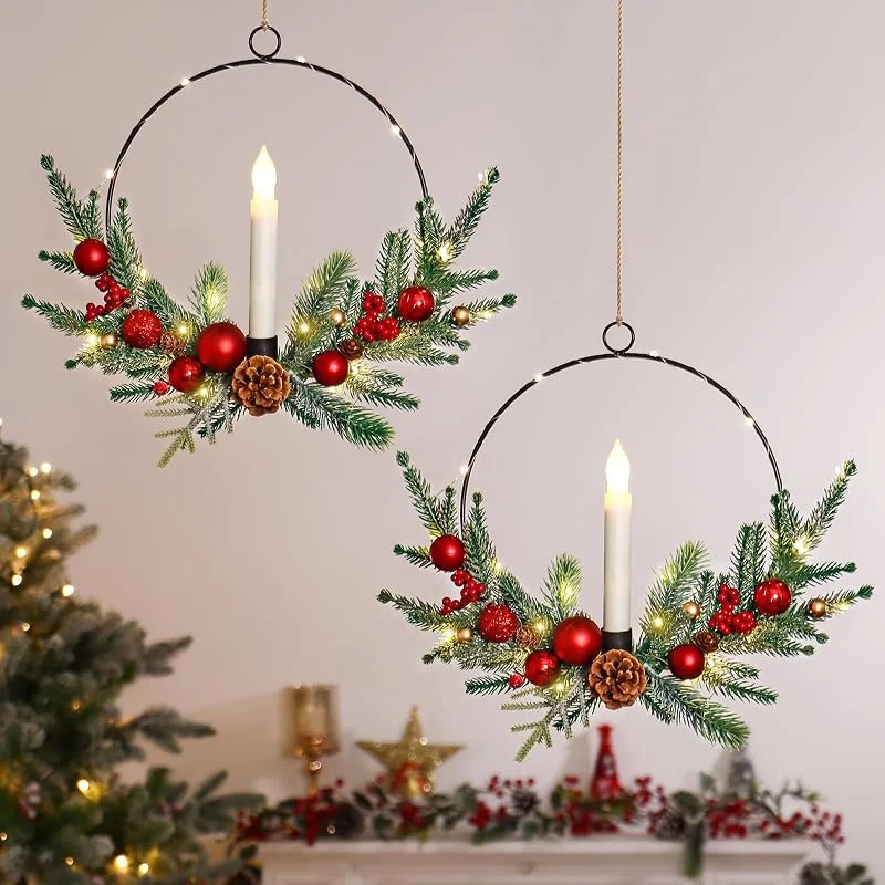 Visita la tienda de Dremisland Dremisland Juego de 2 Corona Navidad Puerta con Luces 40cm Coronas de Navidad con Velas Corona de Adviento con Piñas Bayas Guirnalda Navidad Corona Artificial Decoración Navideña Chimenea Ventana — Adviento y mesa
