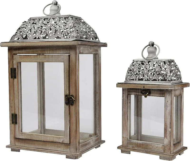 Decoris Farolillos con asa, 23 x 41 cm, 16 x 29 cm, madera, cristal y metal, juego de 2 unidades, para colgar o colocar de pie, farolillos de madera, farolillos decorativos, farolillos de velas — Cena a la luz de velas