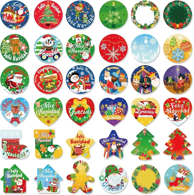 DPKOW 360pcs Gracias Feliz Navidad Pegatinas Reyes Magos Pegatinas para Regalo Sobre Cajas Bolsas Decoración, Adhesivas Etiquetas de Navidad Gracias Español — Envoltorio regalo