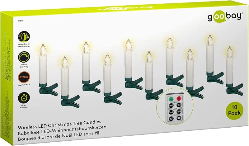 goobay 49873 10 velas de Navidad LED inalámbricas con mando a distancia - temporizador para ambiente individual y regulador de intensidad, cera real, funcio con pilas, blancas — Luces Navidad