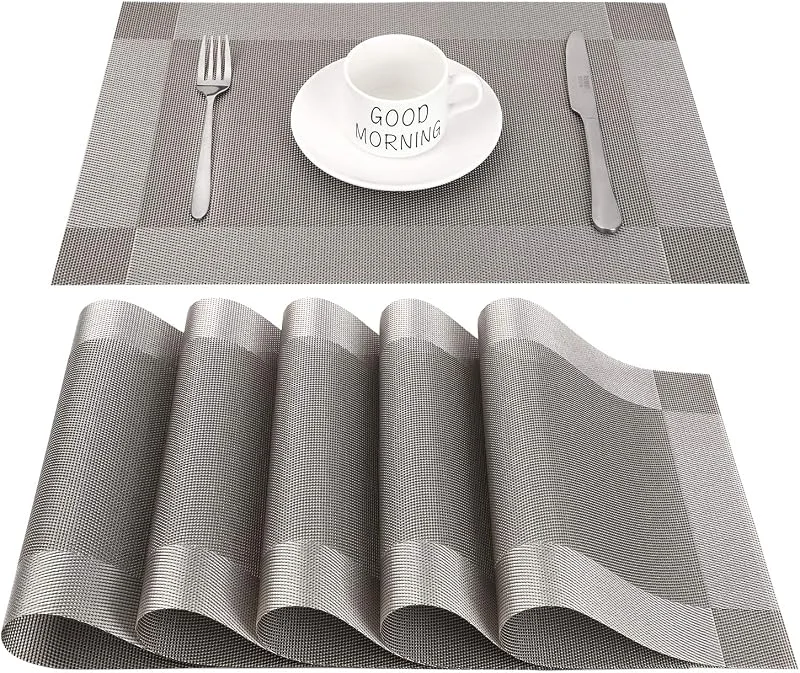 CHAOCHI Manteles Individuales Lavables Salvamantele Individuales PVC Antideslizantes Resistente al Calor Juego de 6 para la Mesa de Comedor de Cocina, (Gris+Plateado) — Hogar y cocina