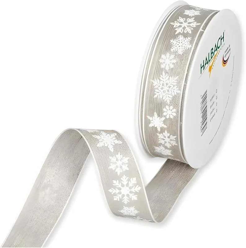 Halbach Seidenbänder Cinta de regalo de Navidad de lino, 25 mm x 15 m, color natural para envolver regalos, cinta de estrellas de nieve con bordes de alambre, 955, lino, blanco — Envoltorio regalo