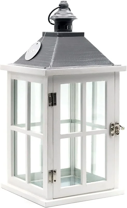 Dekovita 42cm Farol de Madera Blanco - Linterna de Jardín con Ventana de Cristal y Asa - Deco Vela Lámpara — Cena a la luz de velas