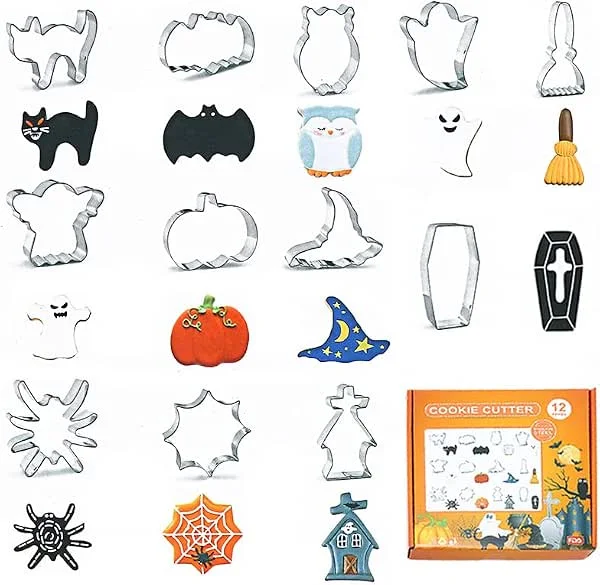 RUIYWEN Juego de 12 Cortadores de Galletas de Halloween en Forma de Calabaza Fantasma Murciélago Gato, Moldes de Acero Inoxidable para Galletas Fondant Chocolate — Hogar y cocina