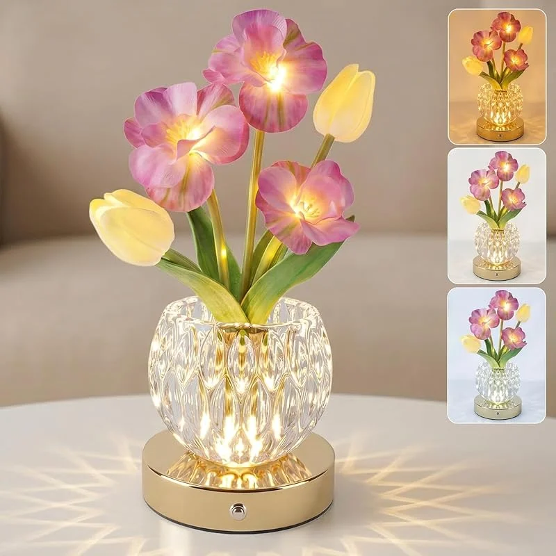 Maxspace Lámpara de mesa con flores, lámpara de mesa de cristal con 3 temperaturas de color, táctil, recargable, lámpara de mesa inalámbrica, flor LED con jarrón para citas, fiestas, decoración (rosa — Cena a la luz de velas