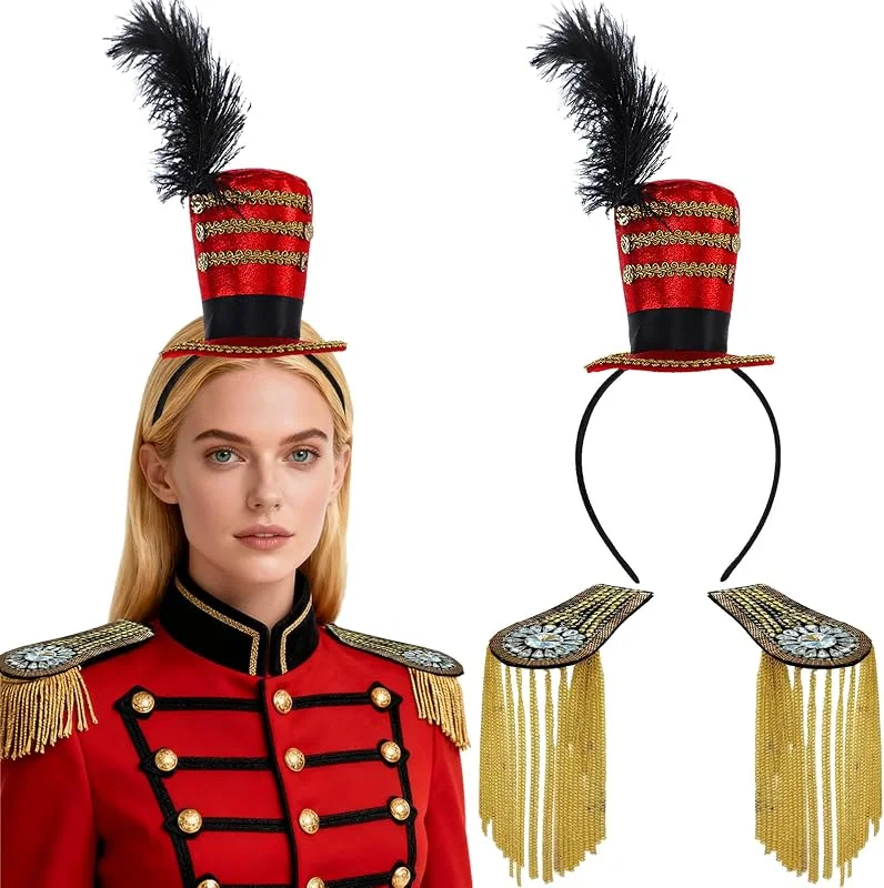 CWENDANER Mini sombrero cilíndrico y 2 pares de placas de hombro de cristal, tocado, diadema Showman, accesorio de disfraz para circo, sombrero cilíndrico, carnaval, Halloween, fiesta de té, Navidad — Ropa Navidad