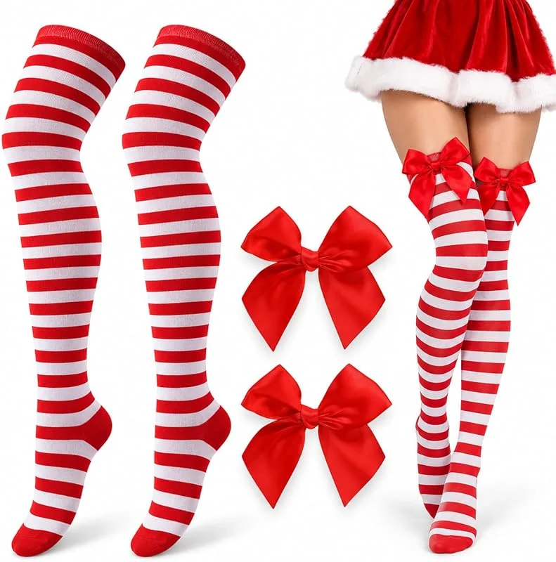 JOVYTH 1 Par de Medias Rayadas Rojas y Blancas + 1 Par de Lazos Rojos – Medias de Navidad Largas para Mujer – para Disfraz de Fiesta, Carnaval o Regalo de San Nicolás — Ropa Navidad