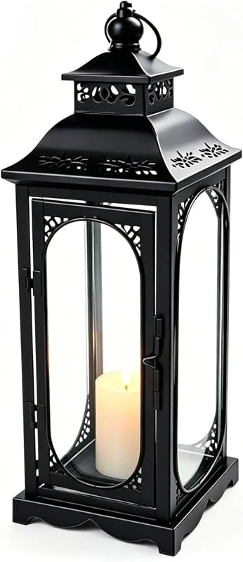 Waufoae Farolillos negros para exteriores, resistente a la intemperie, 35 cm, cristal y metal, ideal como farolillo, portavelas, farolillos de cristal, diseño vintage, jardín, balcón, día de — Cena a la luz de velas