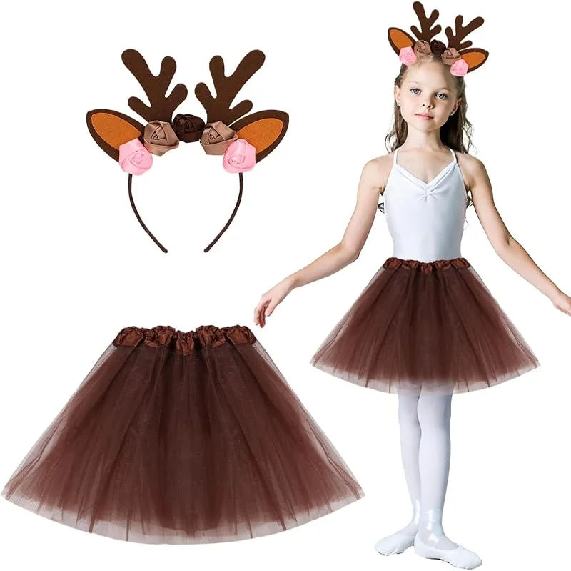 YEAMLTE Disfraz de Reno para Niños y Niñas, Ciervo de Navidad con Tutú, Diadema, Cosplay Infantil para Carnaval y Navidad — Ropa Navidad