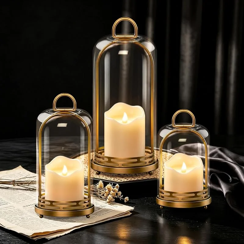 ATEMANS Portavelas con velas sin llama y cúpula de cristal, juego de 3 — Cena a la luz de velas