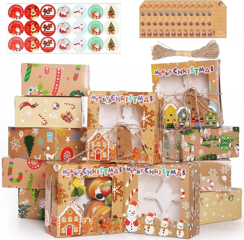 GeeRic 12Pzs Cajas de Navidad para Galletas con Ventana, Paquete de Cajas de Papel Kraft Navidad con Tapa para Comida la Cajas Panadería Biscuits Dulces Postre — Envoltorio regalo