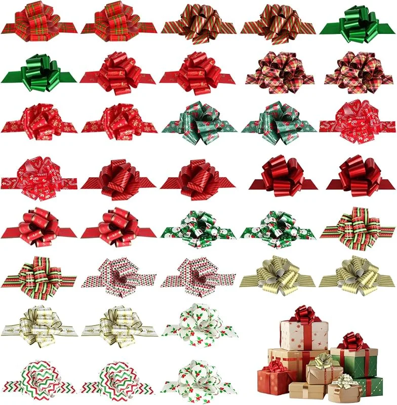 Qichan 36 lazos de Navidad, lazos de envoltura de Navidad con cinta, lazos de cinta de Navidad para regalo de Navidad, cesta de regalo, decoración de fiesta — Envoltorio regalo