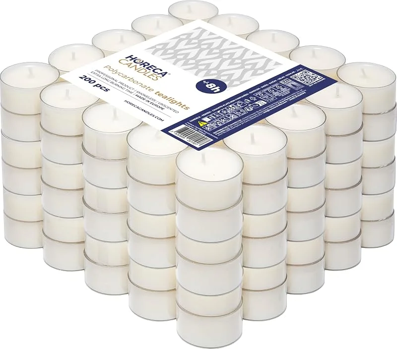 Horeca Candles - 200 velas tealight blancas - Duración 8 horas - Sin olor, sin perfume - Juego de 200 velas de té - Vaso de plástico transparente — Cena a la luz de velas
