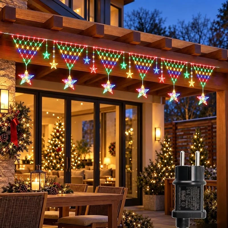 Micacorn Red de luces LED con forma de triángulo con colgante de estrella, 5 m, 192 — Decoracion Navidad