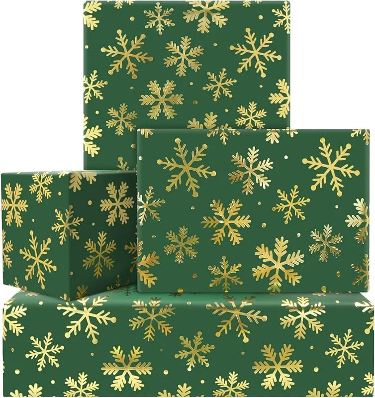 Boerni Papel de regalo de Navidad para mujeres y hombres, 4 hojas de papel de regalo de Navidad verde oscuro impreso con papel de copo de nieve dorado plegado plano para regalo de cumpleaños, fiesta — Envoltorio regalo