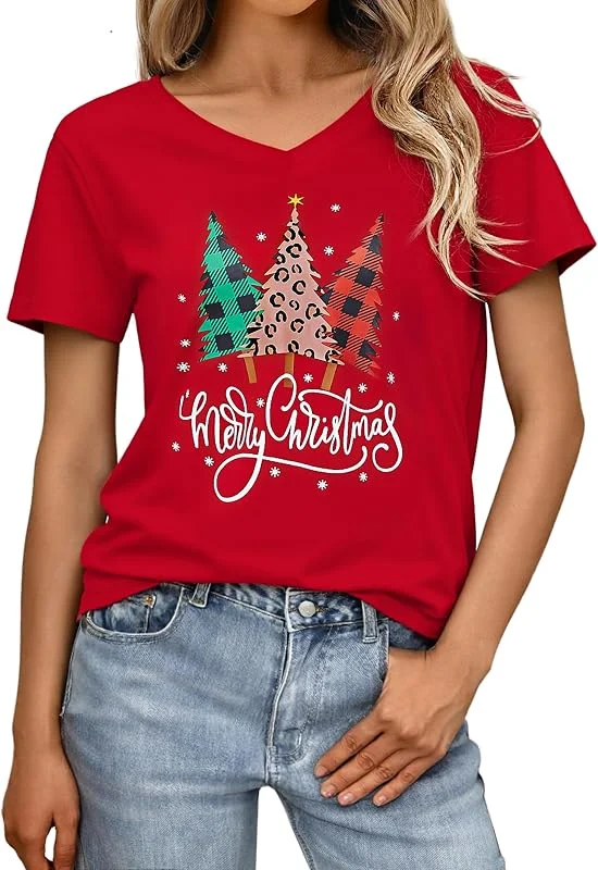Visita la tienda de Crewhpo Camisetas Navidad Mujer Manga Corta Cuello en V Estampado Xmas — Ropa Navidad