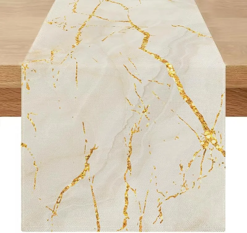 Miuyunya Camino de Mesa Moderno 40x140 cm Blanco Camino de Mesa Rustico Primavera Elegante Mármol Blanco Textura Dorada Mantel Decorativo para Comedor en Casa Fiestas de Vacaciones Comedor — Hogar y cocina