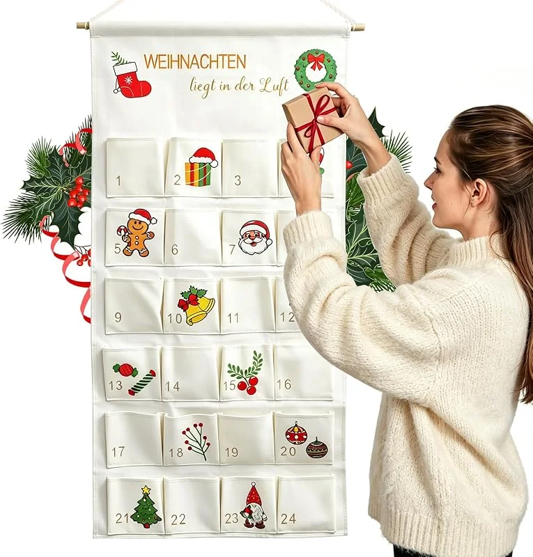 FUDUOXIAO Calendario de Adviento para rellenar tela, calendario de Adviento reutilizable 2026 para colgar con 24 bolsillos, para manualidades, calendario de tela para pared, puerta, decoración de Navidad — Adviento y mesa