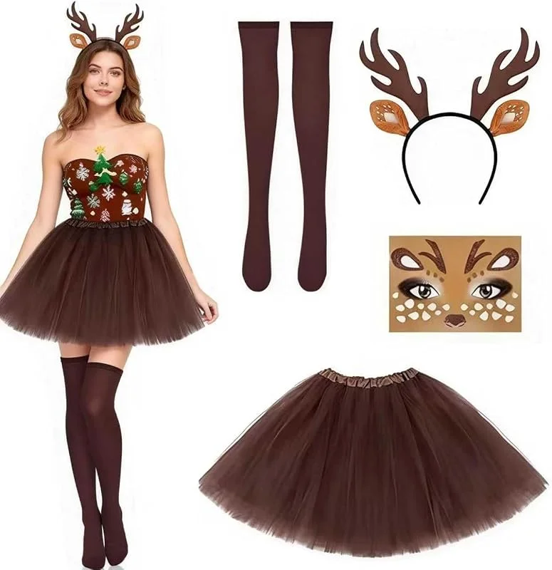 Ayucanpeng Disfraz de cornamenta para mujer, Juego de disfraz de ciervo para mujer, Diadema Reno, Tatuajes Cara, Falda Tutu, Calcetín, para carnaval, Navidad, fiesta — Ropa Navidad
