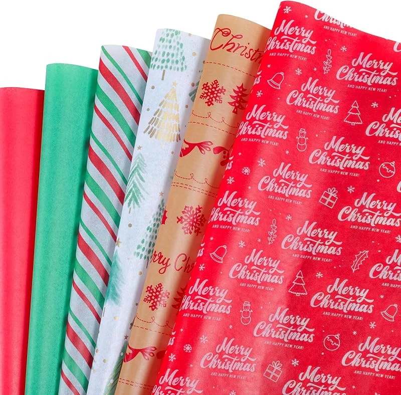 JOYELL 30 hojas de papel de seda navideño, 50 x 50 cm, bolsas de papel de regalo para Navidad, cajas de regalo, manualidades, decoración de Año Nuevo (6 patrones) — Envoltorio regalo