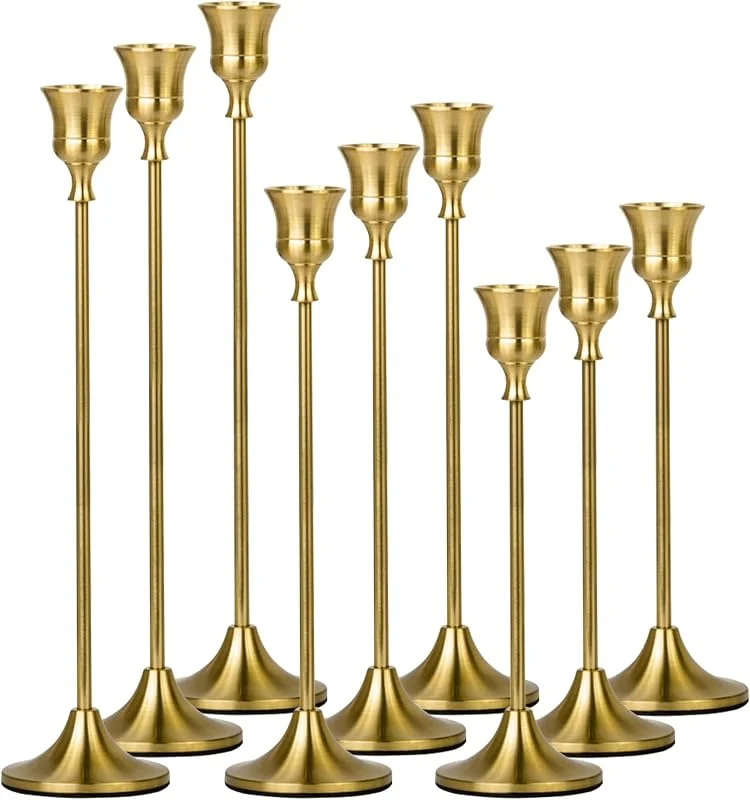 MTINRNI Juego de 9 Candelabros para Vintage Dorado, 3 Alturas — Cena a la luz de velas