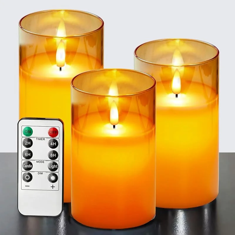 Visita la tienda de ILEEDear Velas led 3D de cristal sin llama, Velas led efecto llama, Vela de vidrio realista efecto, con control remoto temporizador, velas decorativas, adornos salon, navidad decoración casa (Dorada) — Cena a la luz de velas