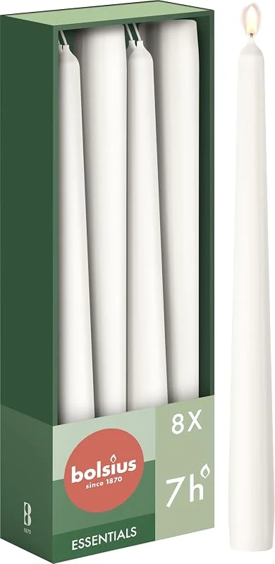 Visita la tienda de Bolsius Bolsius - Velas cónicas – Blanco - 8 unidades – Velas decorativas para el hogar – Combustión de 7 horas – Sin perfume – 50% cera vegana natural – Sin aceite de palma — Cena a la luz de velas