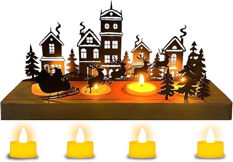 YOUYIKE Portavelas Navidad, Corona de Metal, Base de Madera, Velas LED, Centro de Mesa Navidad para Adviento Adornos de Escritorio — Cena a la luz de velas