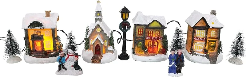Toyland® Escena de Pueblo en Miniatura iluminada de 12 Piezas con Luces LED - Funciona con Pilas - Decoración navideña — Decoracion Navidad