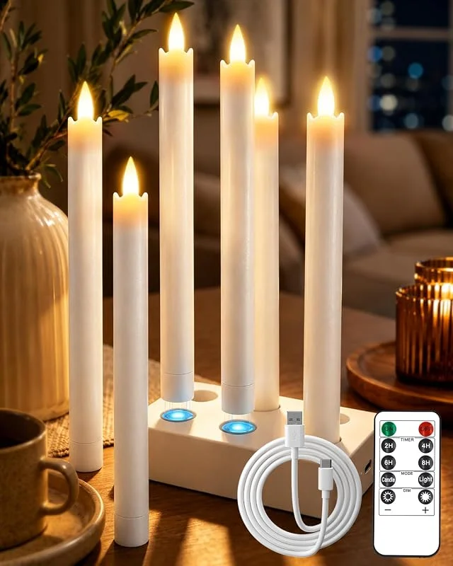 A.bigwhale Velas LED recargables, sin llama, con temporizador y estación de carga, 6 unidades de velas LED parpadeantes para Navidad, Halloween, bodas, fiestas, decoración del hogar — Cena a la luz de velas