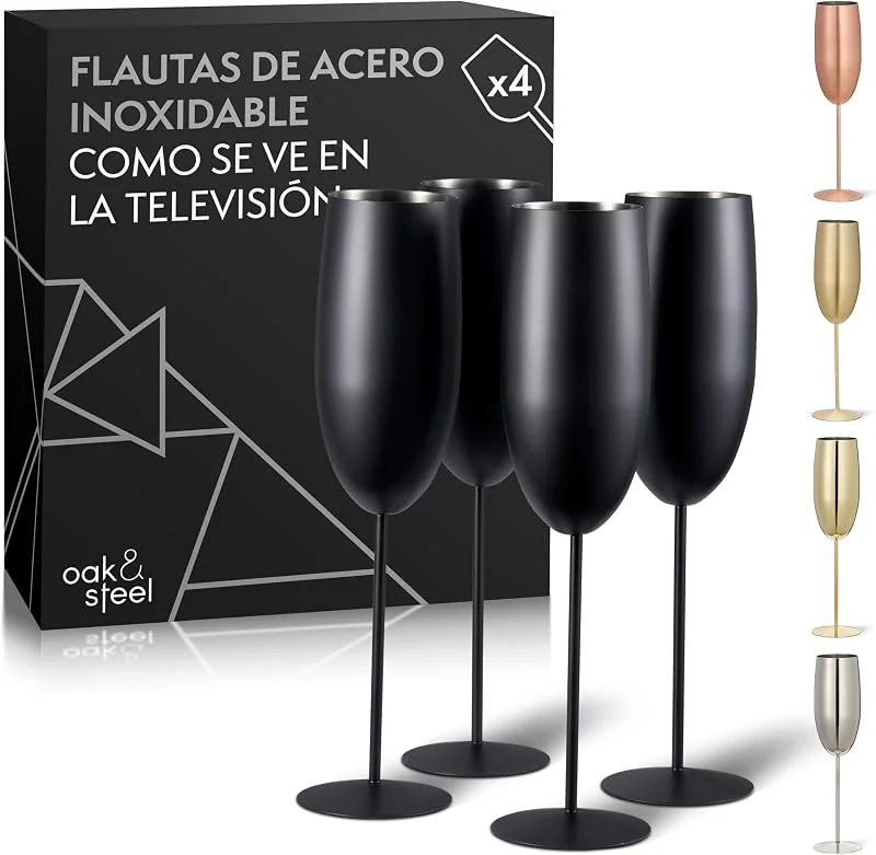 Visita la tienda de OS Oak & Steel ENGLAND Oak & Steel - 4 Elegantes Copas De Cóctel De Acero Inoxidable Negro Mate Para Champán Y Prosecco, 285ml - Set De Regalo De Cristal Irrompible Para Cumpleaños Y Fiestas. — Vino y mesa festiva