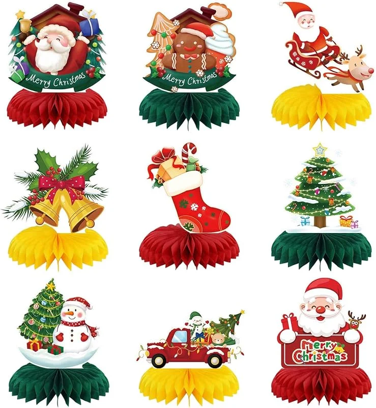 PIXHOTUL 9 piezas de decoraciones navideñas, centros de mesa de Navidad, decoraciones de fiesta de Navidad para decoración de mesa de fiesta de Navidad, decoración de mesa de panal de abeja — Decoracion Navidad