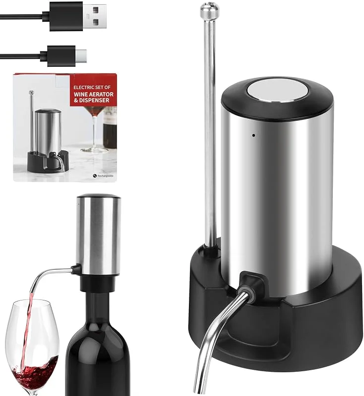 SHTALHST Decantador de vino eléctrico, decantador de vino tinto, vertedor eléctrico, decantador de vino eléctrico, recargable, material de acero inoxidable, base de almacenamiento, instrucciones multilingües — Vino y mesa festiva