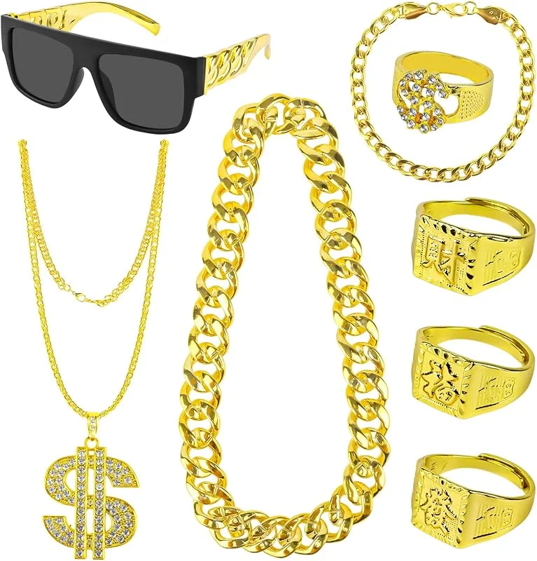 YARVPUV 8 Piezas Disfraces Hip Hop Kit, Disfraz Rapero, Disfraz de Rapero de Los 80, Estilo Hip Hop, Punk, Cadena Dorada, Juego de anillos, Gafas de Sol, Cadena Dorada, Decoración de Los años 80 y 90 — Ropa Navidad