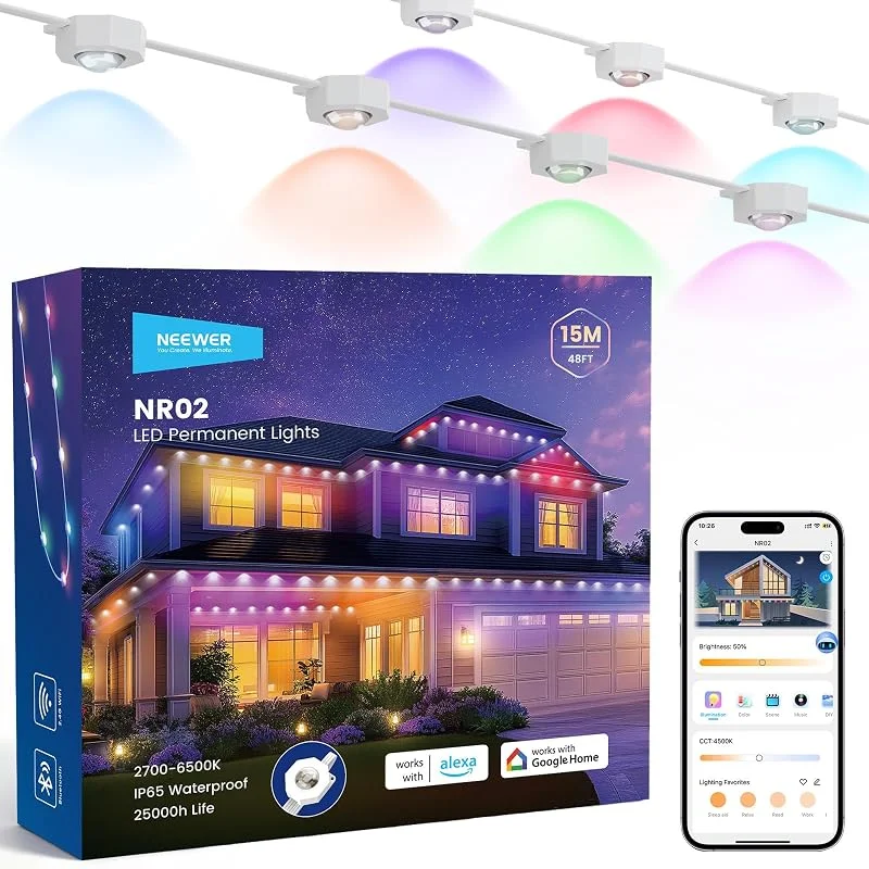 Visita la tienda de NEEWER NEEWER Guirnalda Exterior Permanente 48ft RGB IC Blanco Frío Cálido Control App, 30 Luces LED IP65 Impermeable 50+ Escenas Decoración Navidad Compatible Alexa ，NR02 — Luces Navidad