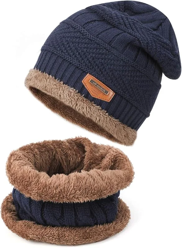 TAGVO Conjunto de Bufanda con Gorro de Invierno Beanie Sombrero Forro Interior Cálido Gorro de Punto elástico Cuello elástico Calentador Ajuste niñas Niños Adultos — Ropa Navidad
