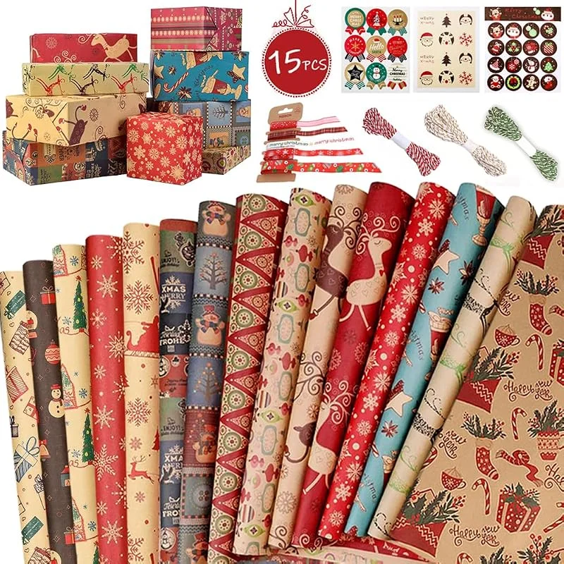 OEMG Papel de Regalo, 15 Hojas de Papel Para Envolver Regalos Vintage + 9 Rollo de Cinta + 37 Pegatinas, Papel Regalo Navidad Cumpleaños, Papel Marrón Doblado Reciclado Natural (15 Pcs, 70x50cm) — Envoltorio regalo