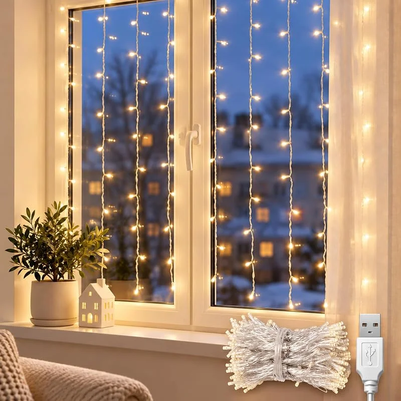 AdalyRoma USB Cortina de luces Navidad 1X1m, Cable Transparente 100led Luz Blanco Cálido Para Interior Y Exterior Cortinas Bodas Navidad Fiestas Y Jardines
