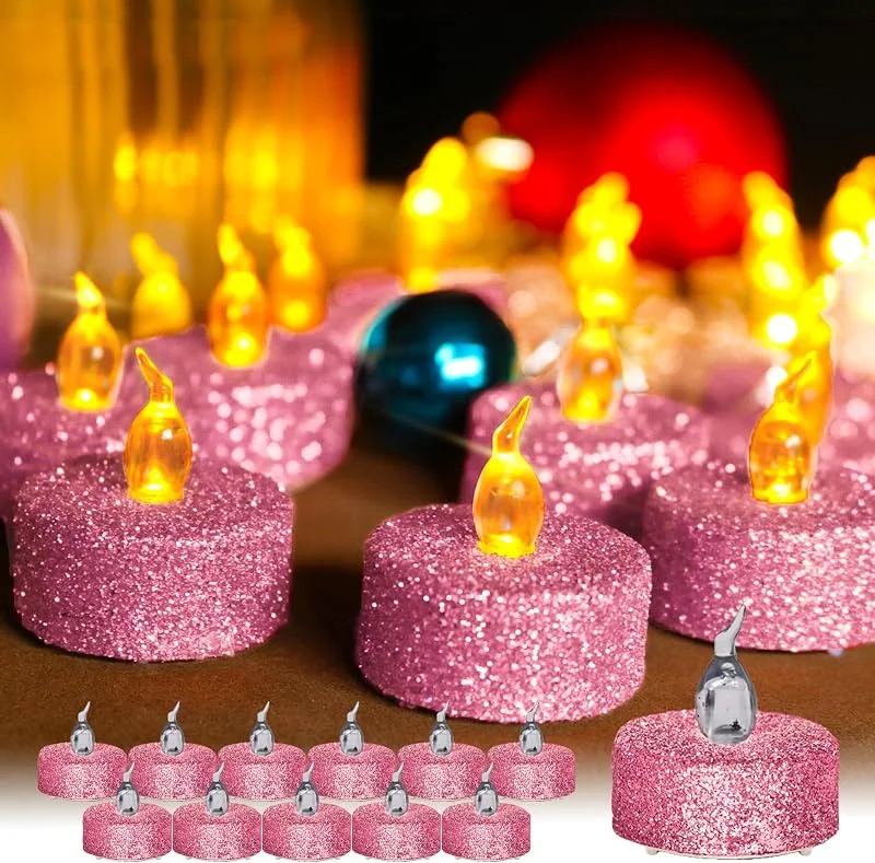 TINYOUTH 12 velas LED parpadeantes, velas decorativas para mesa, velas de té LED, velas eléctricas, pilas incluidas para bodas, aniversarios, compromisos, decoración, color rosa brillante — Cena a la luz de velas